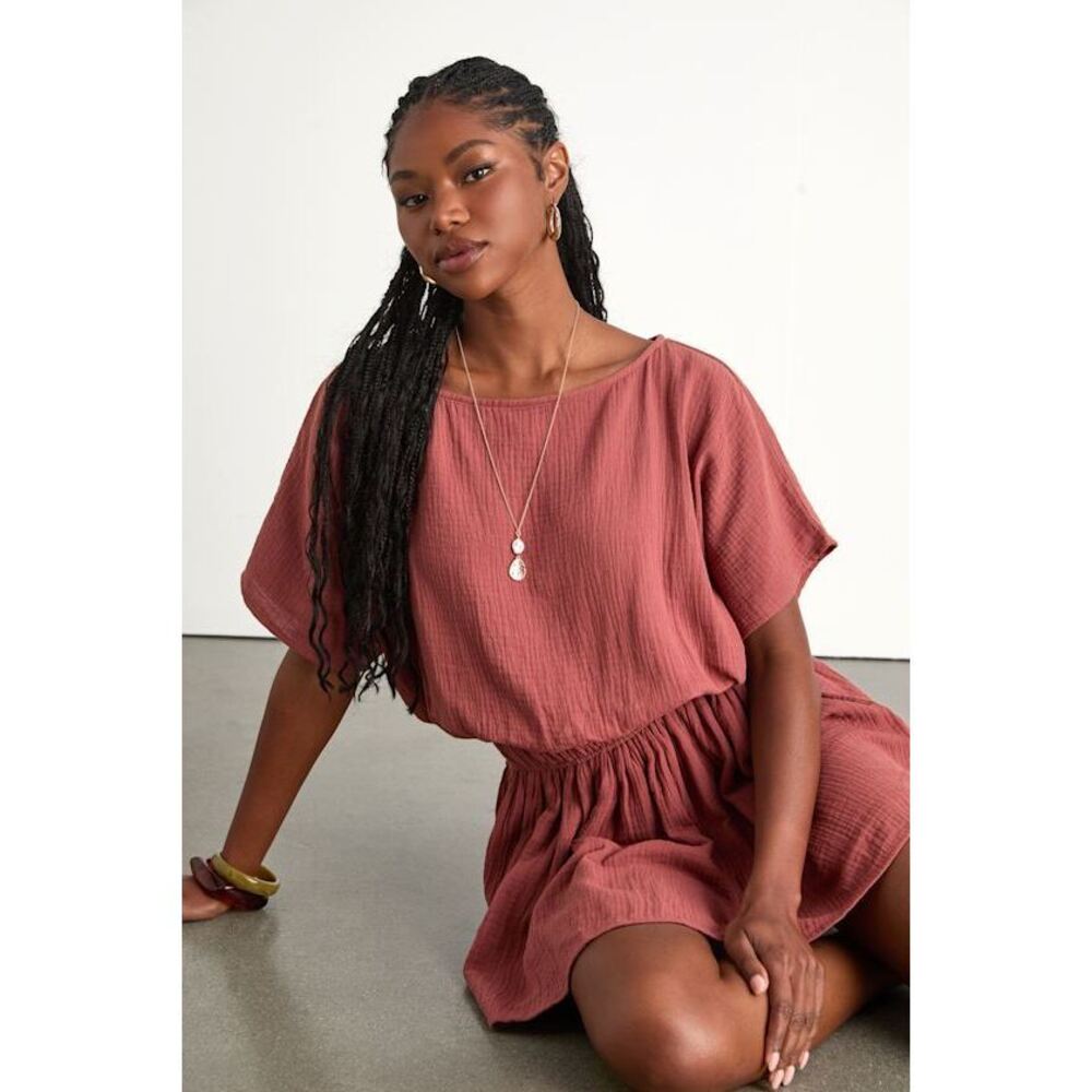 Lulus Aevorn Rusty Rose Gauzy Short Sleeve Mini Dress Pink - Size L